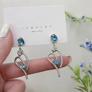 Turquoise Silver Rhinestone Chain Heart Dangly Earrings Boho Retro Festive Artsy